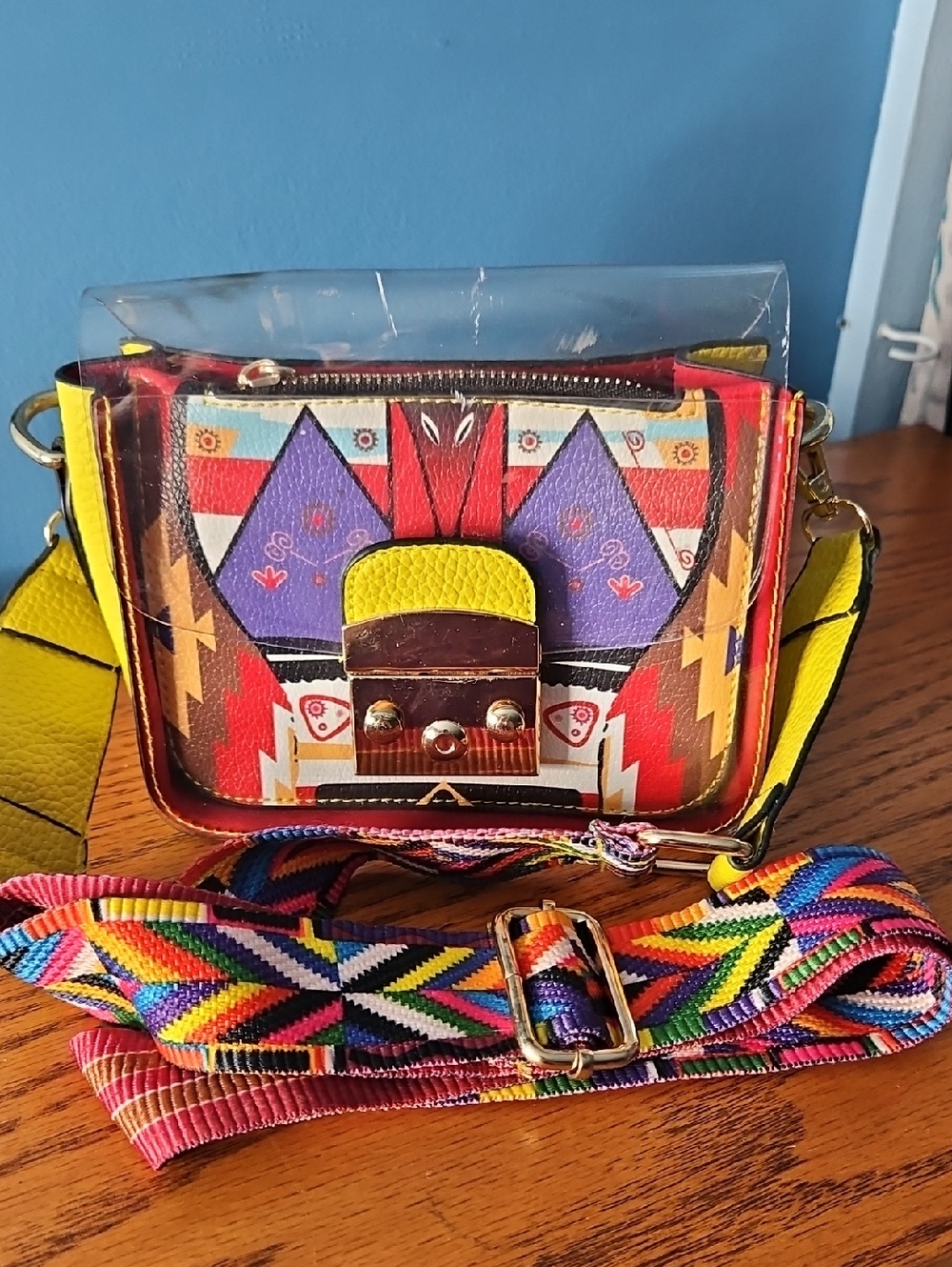 Colorful Semi Clear Aztec Crossbody Bag with Removable Strap - Yellow Accent